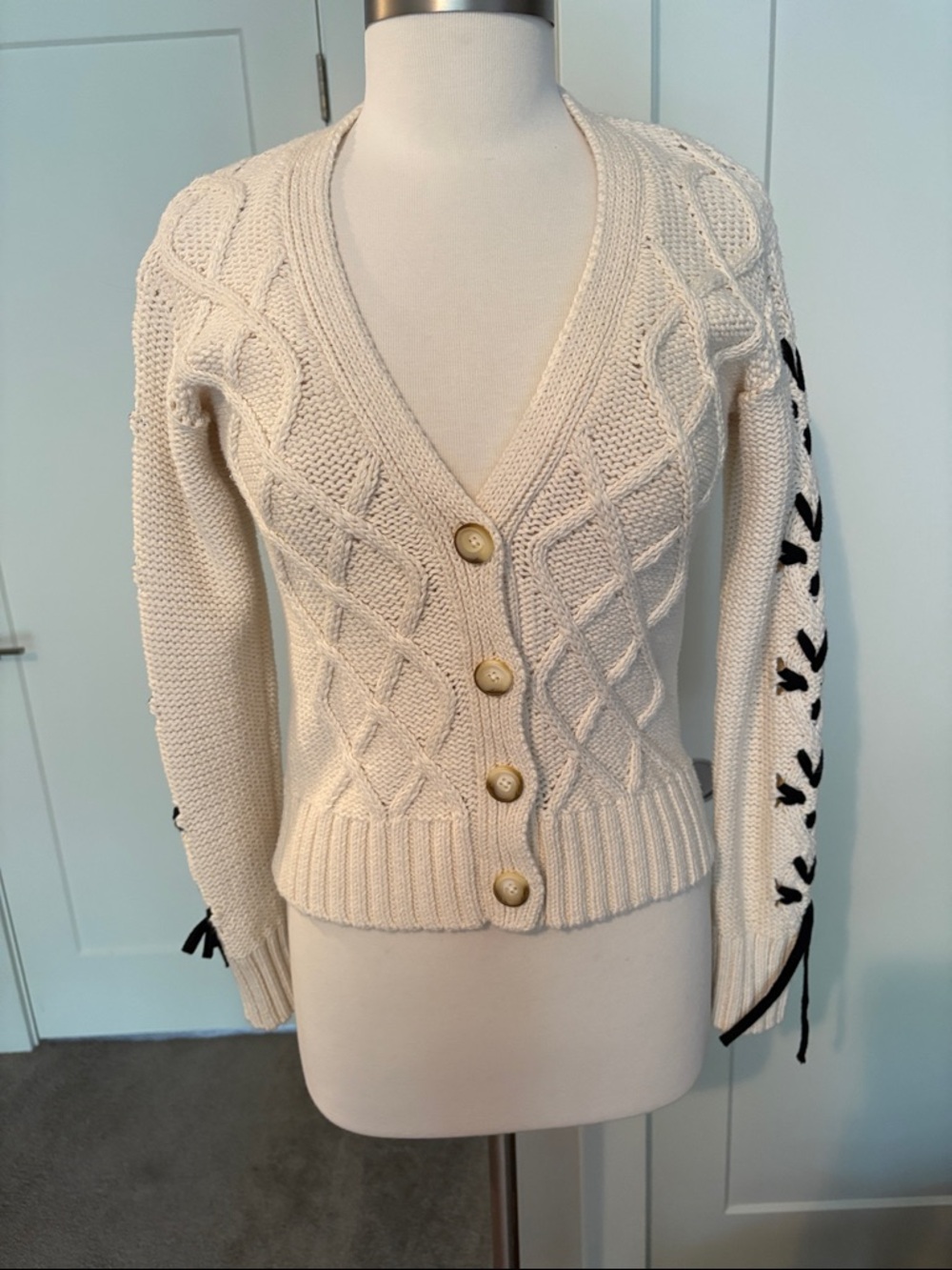 Johnny Was Cable-Knit Button Anessa Bow Cardigan with Black Sleeve Lacing NWT